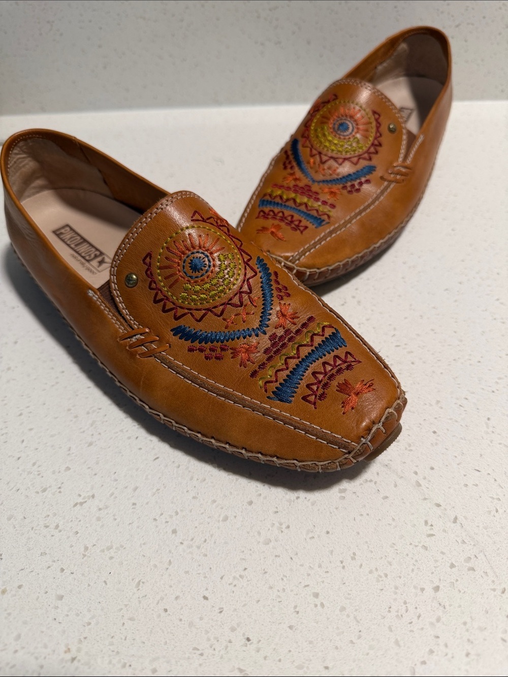 PIKOLINOS Tan Leather Slip-On Loafers with Multicolor Embroidery